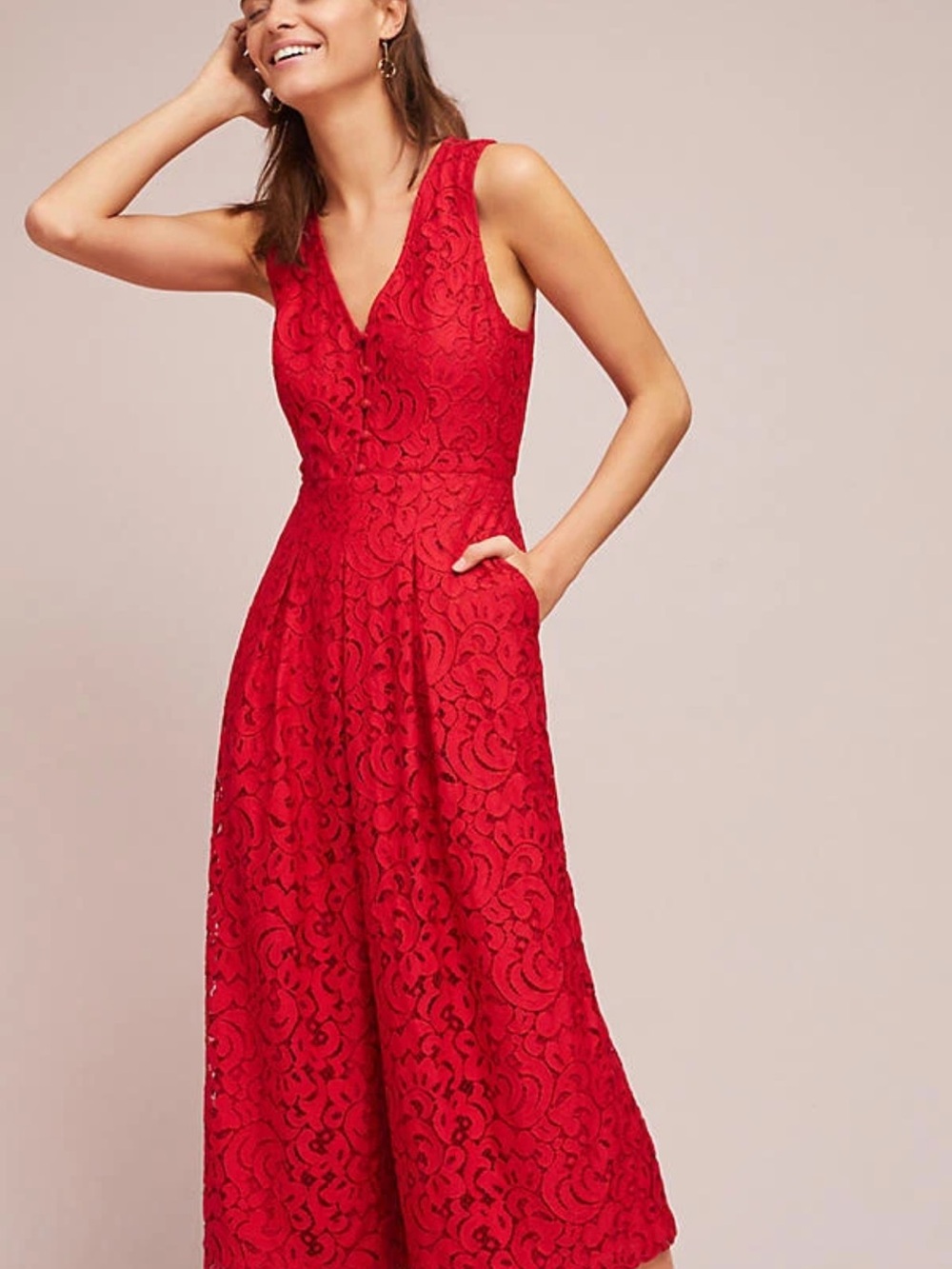 Anthropologie Moulinette Soeurs Jaeda Red Lace Wide-Leg Jumpsuit Boho Formal 12